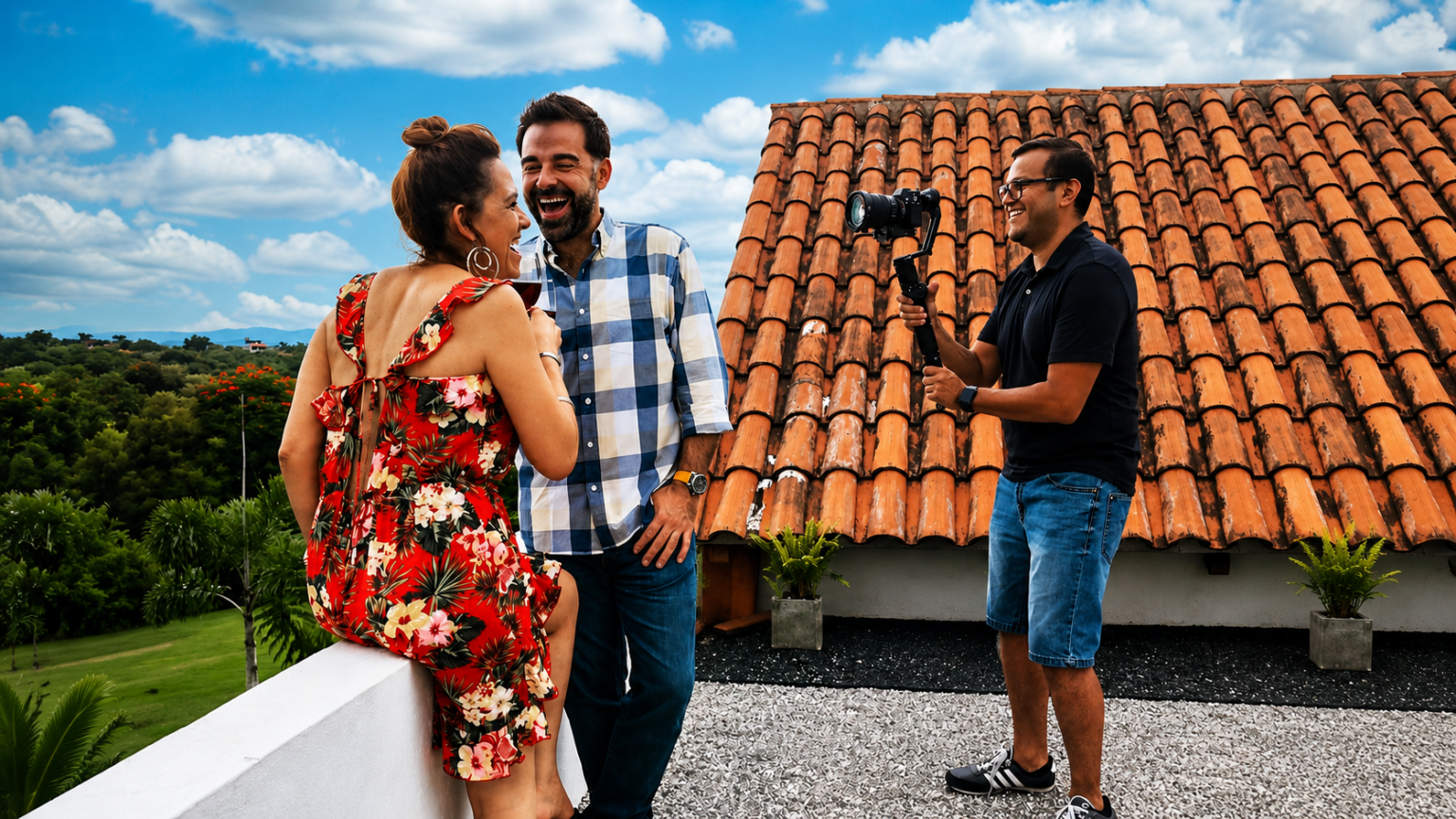 Un camarógrafo con estabilizador graba a una pareja que ríe en una terraza con techo de teja